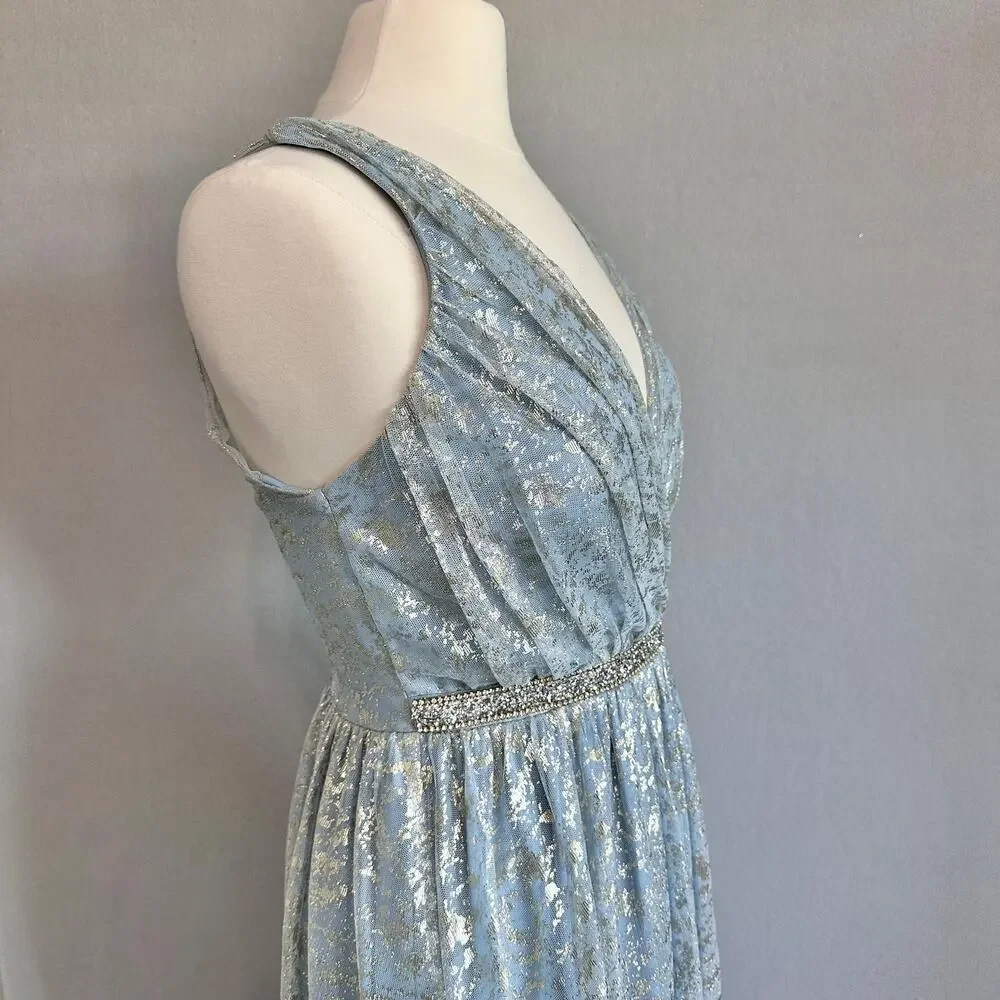 Teeze Me Metallic Foil Pleated V-Neck Gown From David's Bridal Light Blue Sz 5 - Picture 5 of 16